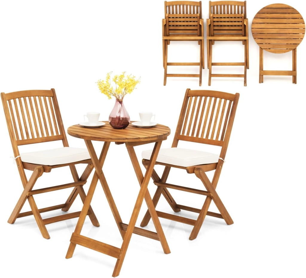 Set da Bistrò Pieghevole, Tavolo Portato 40 kg, Sedie con Cuscini Portato 160 kg, Set Giardino, Set Tavolo e Sedie da Giardino, Set da Esterno per Balcone (Cuscini Beige)