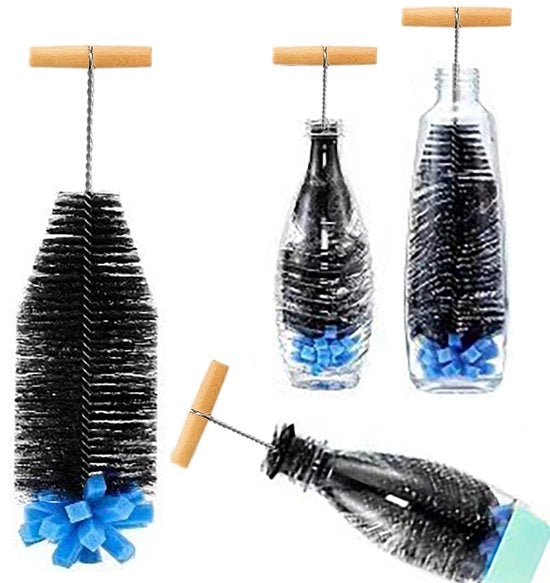 Spazzola per bottiglie 33 cm - Set di spazzole dure/spongia - Acciaio inossidabile - Nylon resistente alle abrasioni - Manico robusto - Per bottiglie con collo stretto - Pulitore di bottiglie
