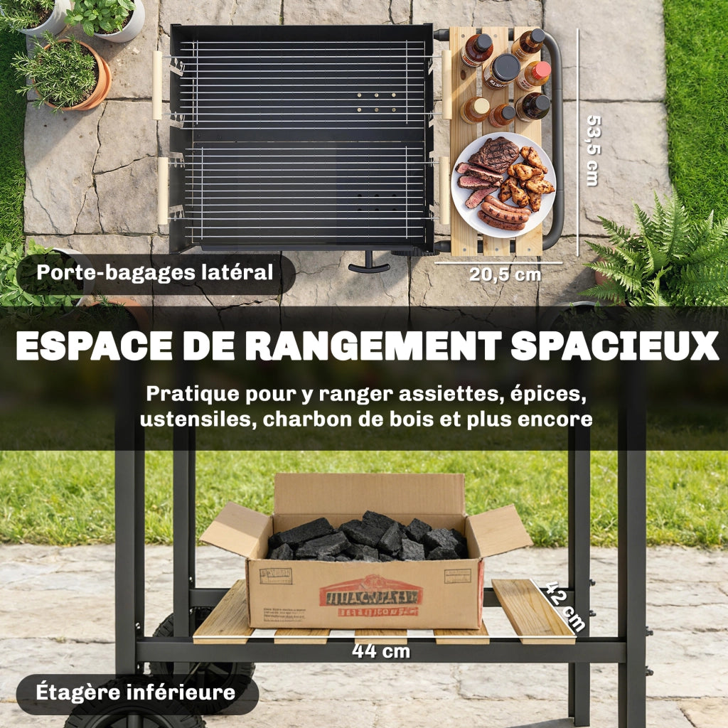 Carrello per Barbecue in Legno con 2 Griglie Regolabili ¨C zephmum ¨C Nero