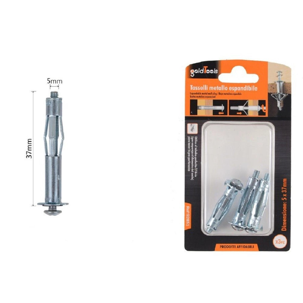 Trade Shop - Set 3pz Tasselli Metallici Espandibili Viti A Espansione Stile I 5 X 37 Mm 92851 -