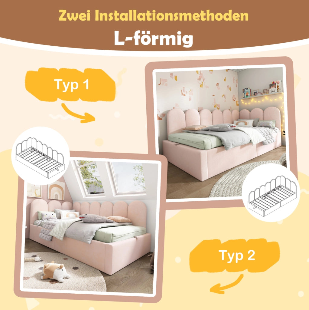Letto daybed 90x200 cm in velluto rosa con contenitore idraulico e rete in metallo
