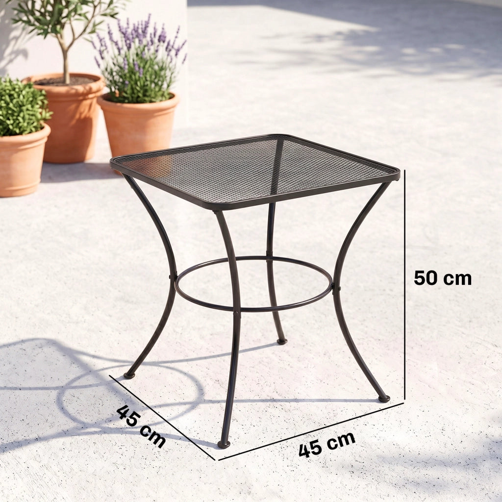 Tavolino da Giardino Quadrato in Acciaio con Piano Traforato, 45x45x50 cm, Nero