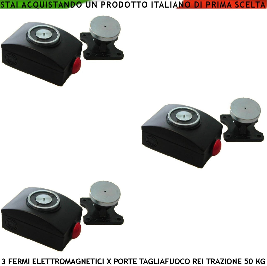 ELETTROMAGNETI NERI BLOCCA PORTE TAGLIAFUOCO REI 3 PEZZI FORZA DI TRAZIONE 50 KG ANTINCENDIO ALIMENTAZIONE 22/28 VCC