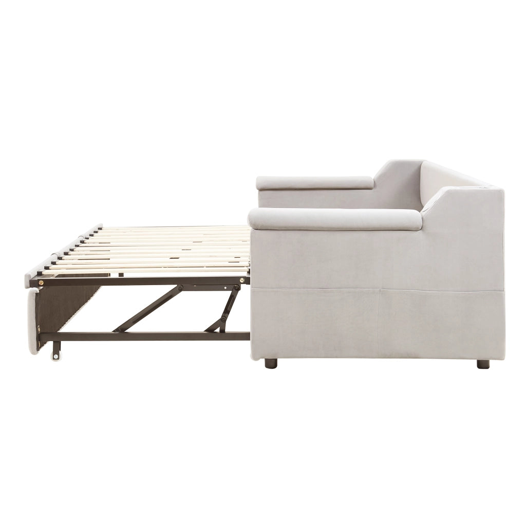OKWISH Letto a Scomparsa 90×190 cm, Letto Singolo con Bluetooth, USB, Vani Portaoggetti e Braccioli, senza Materasso, Beige
