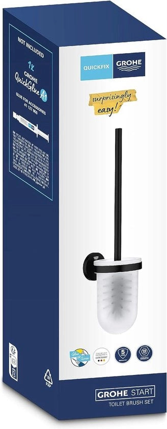 Set di spazzola per il water 411852430 (con fissaggio occulto alla parete in metallo e vetro comprensivo di viti e chiodi facile da installare con QuickGlue) - nero opaco 398 mm con appoggio per spazzola