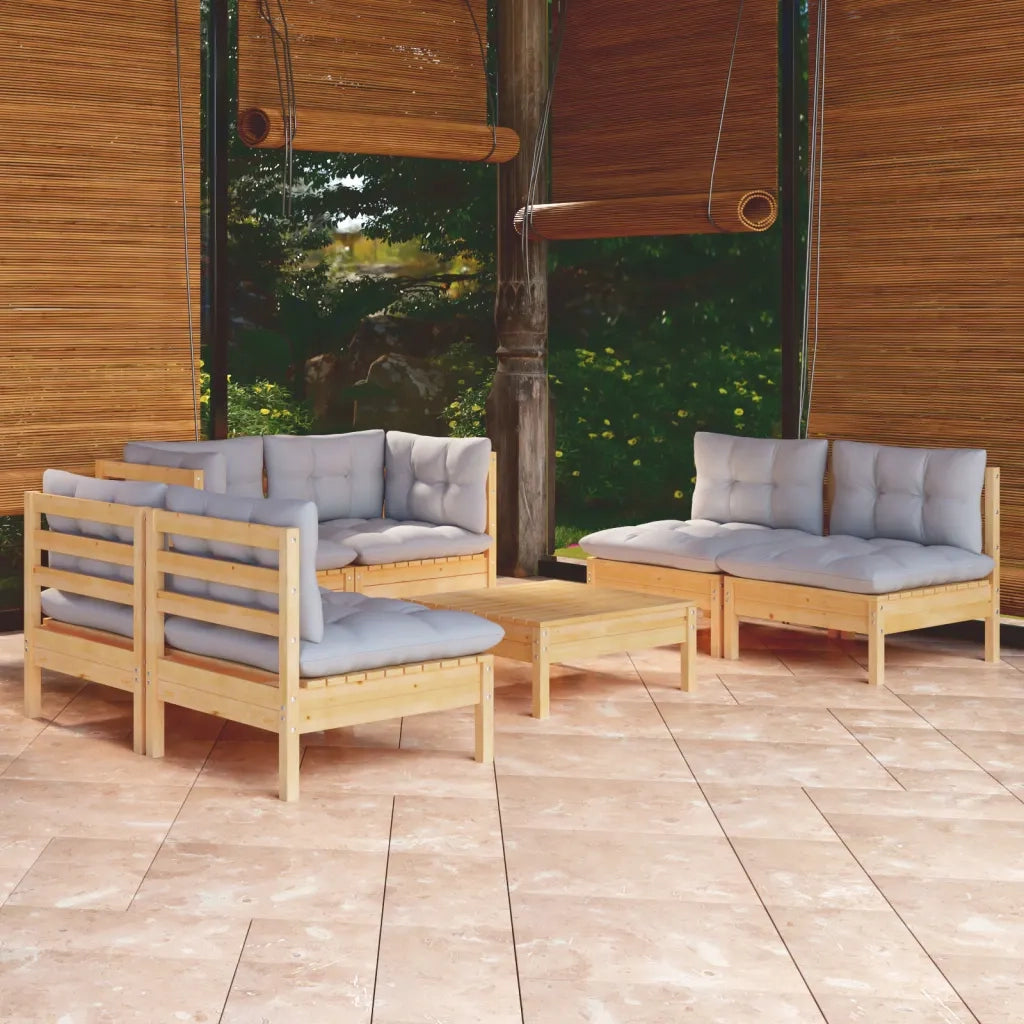 Set Divani da Giardino 7 pz con Cuscini Grigi Massello di Pino cod mxl 38664