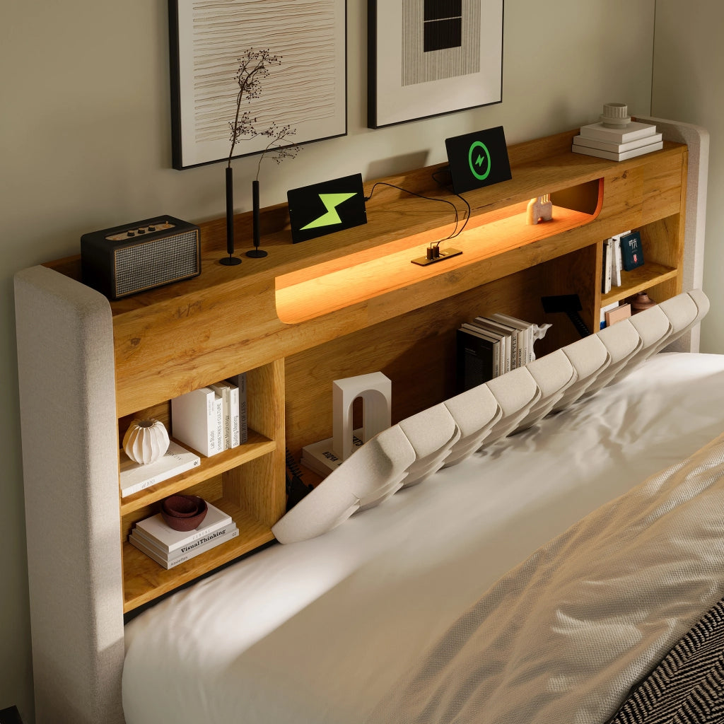 Letto matrimoniale 180x200 cm in lino beige con contenitore; LED e porte USB