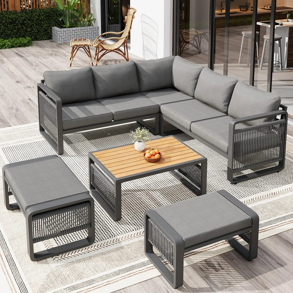 Set da giardino per 6-7 persone - Zephmum - Tessuto a mano in corda, cuscini morbidi, piedi regolabili, grigio