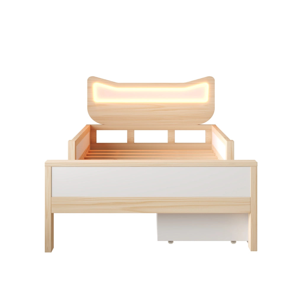 Letto per bambini 90x200 cm con LED; cassetto e vano contenitore; legno bianco e rovere