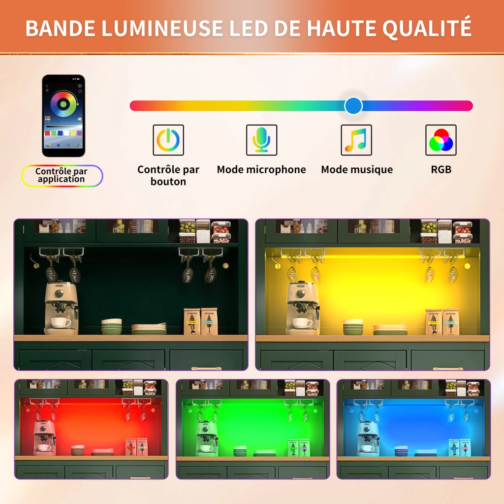 Credenza da Cucina Alta con 4 Ante e LED regolabile tramite app; per Cucina; in MDF; 105.5 x 40 x 180 cm; Verde