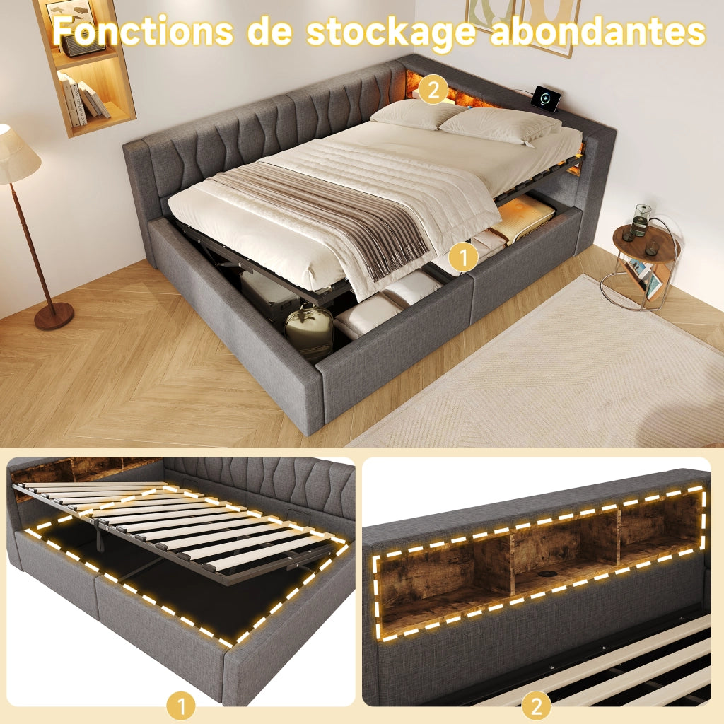 Letto contenitore 140x200 cm con sollevamento idraulico; LED dimmerabile; testiera con ripiano e USB; grigio