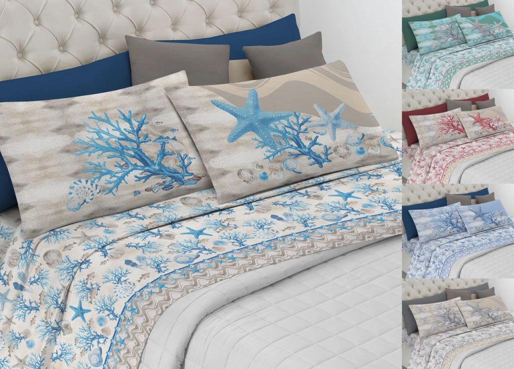 Completo Lenzuola Letto Pensieri Delicati 100% Cotone Dis. Marina New - Matrimoniale - Blu