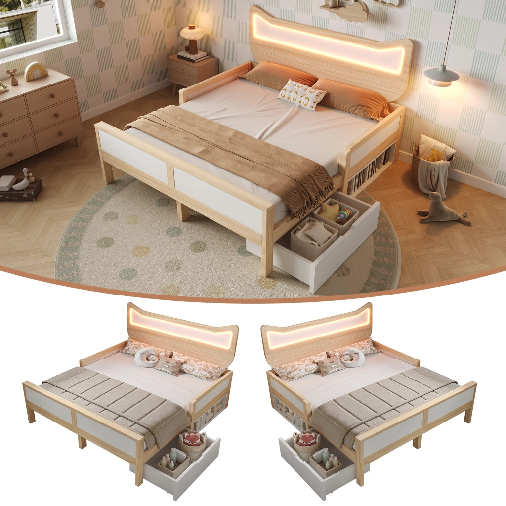 Lettino per bambini con orecchie da gatto e luci a LED 140x200 cm in legno di rovere e bianco