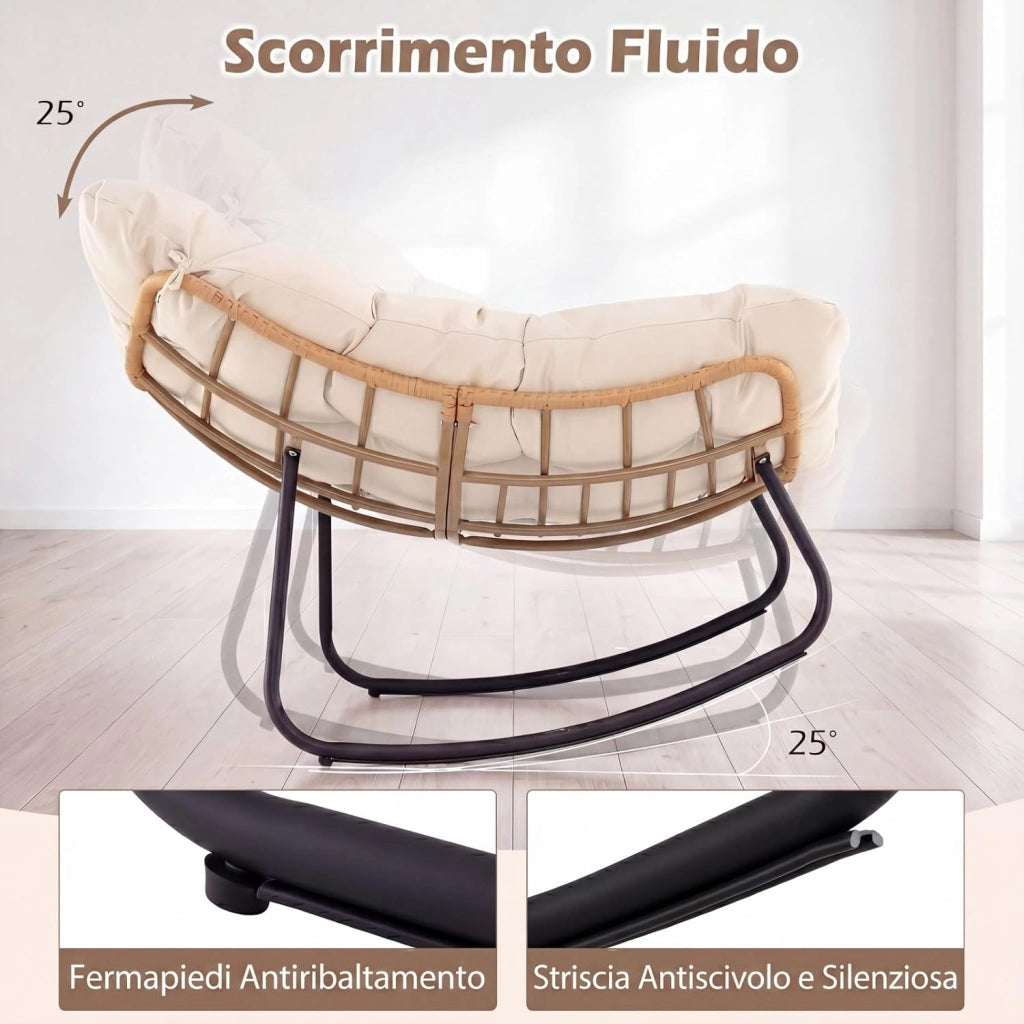 Sedia a Dondolo da Interno ed Esterno, Poltrona a Dondolo con Cuscino Rimovibile, Poltrona Relax in Rattan con Struttura in Metallo per Soggiorno, Cortile e Giardino, Portata 140 kg (Bianco)