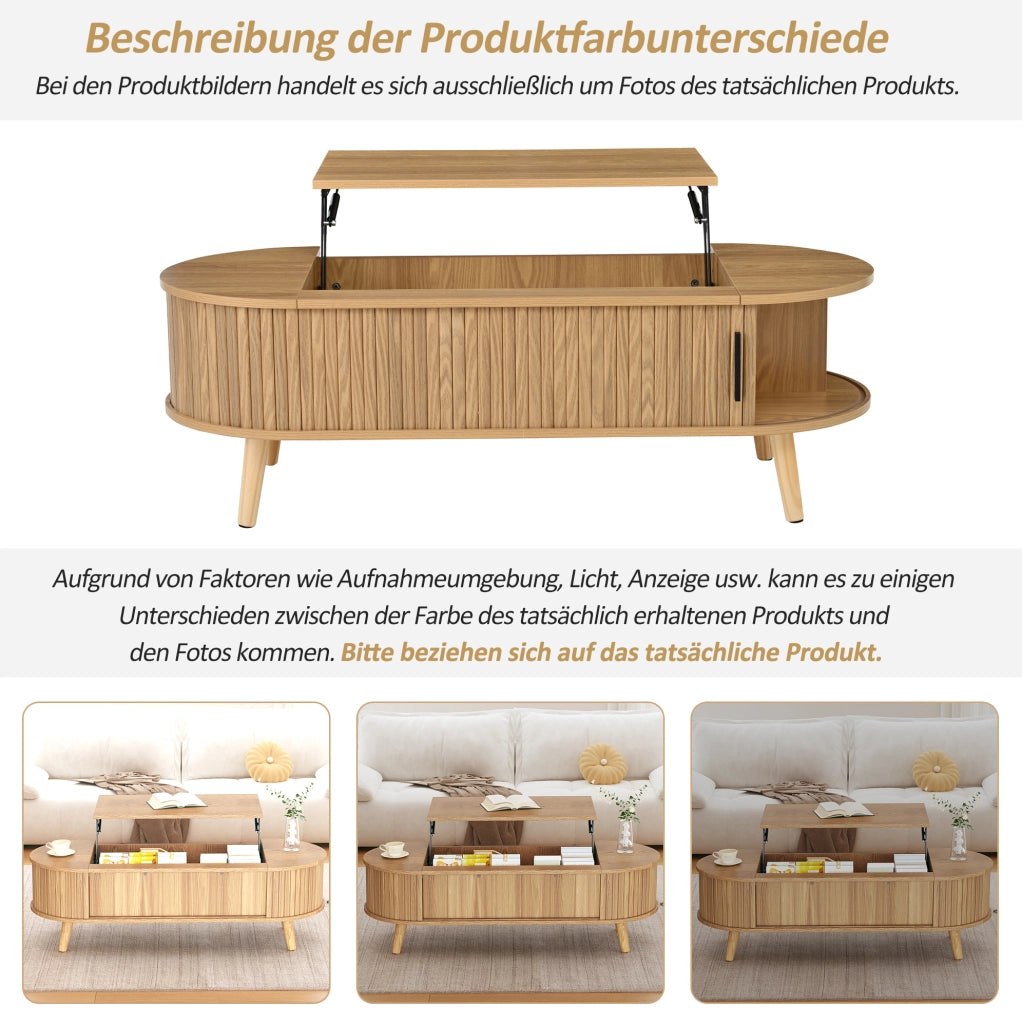 Tavolino da caffè sollevabile 120x50 cm in MDF effetto legno naturale; con contenitore nascosto