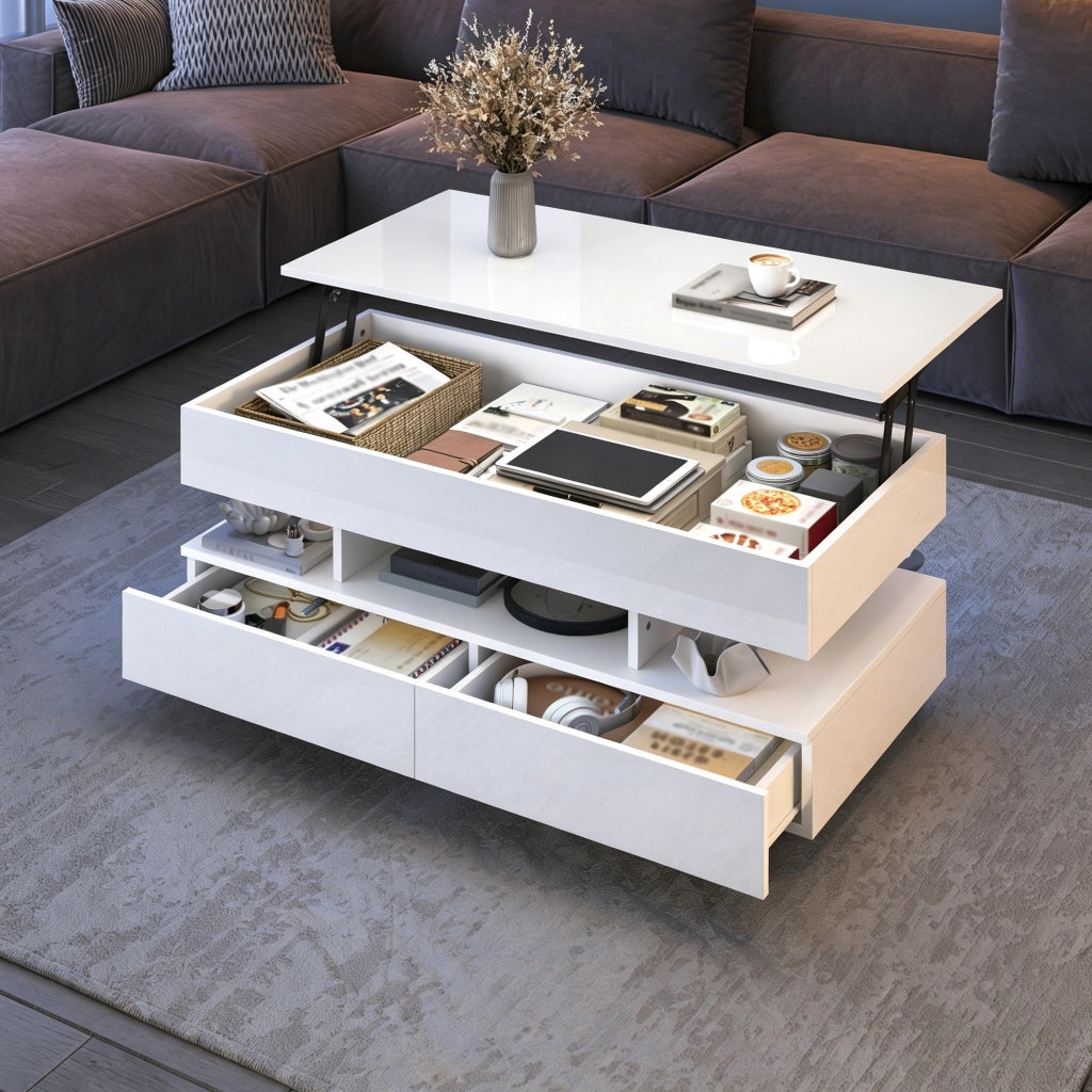 Tavolino da caffè alzabile con 2 cassetti e LED per soggiorno; 100×50×45 cm; bianco