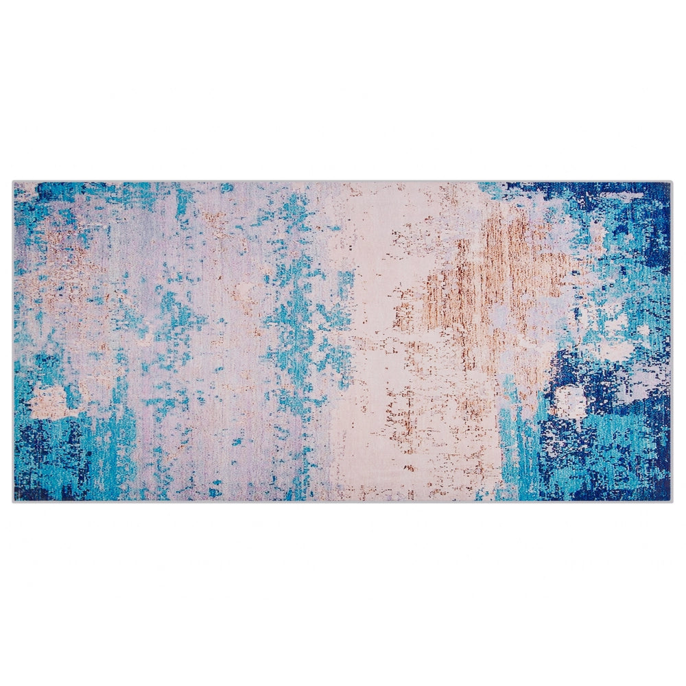 Tappeto tappetino Moquette Tessuto in poliestere blu Motivo astratto invecchiato Fondo rivestito in gomma 80 x 150 cm