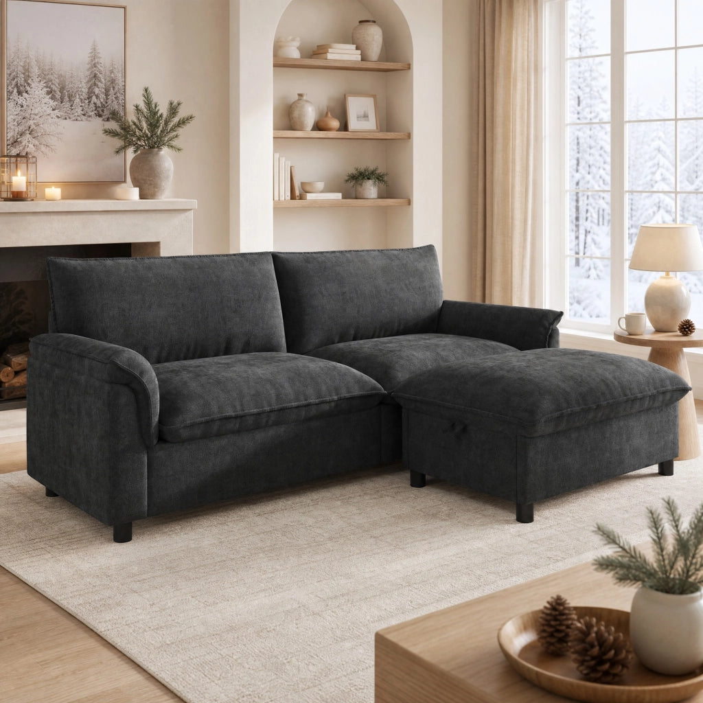 Divano modulare Cloud in chenille nero con pouf contenitore e funzione letto temporaneo