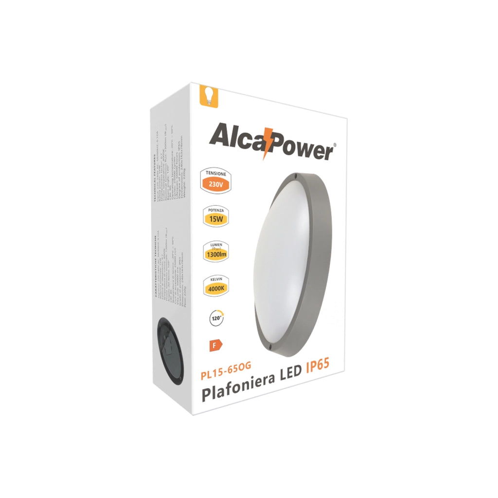 Alcapower Plafoniera LED Ovale IP65 15W 1300lm 4000K Grigia: Illuminazione a Tenuta Stagna ad Alta Efficienza per Ambienti Interni ed Esterni