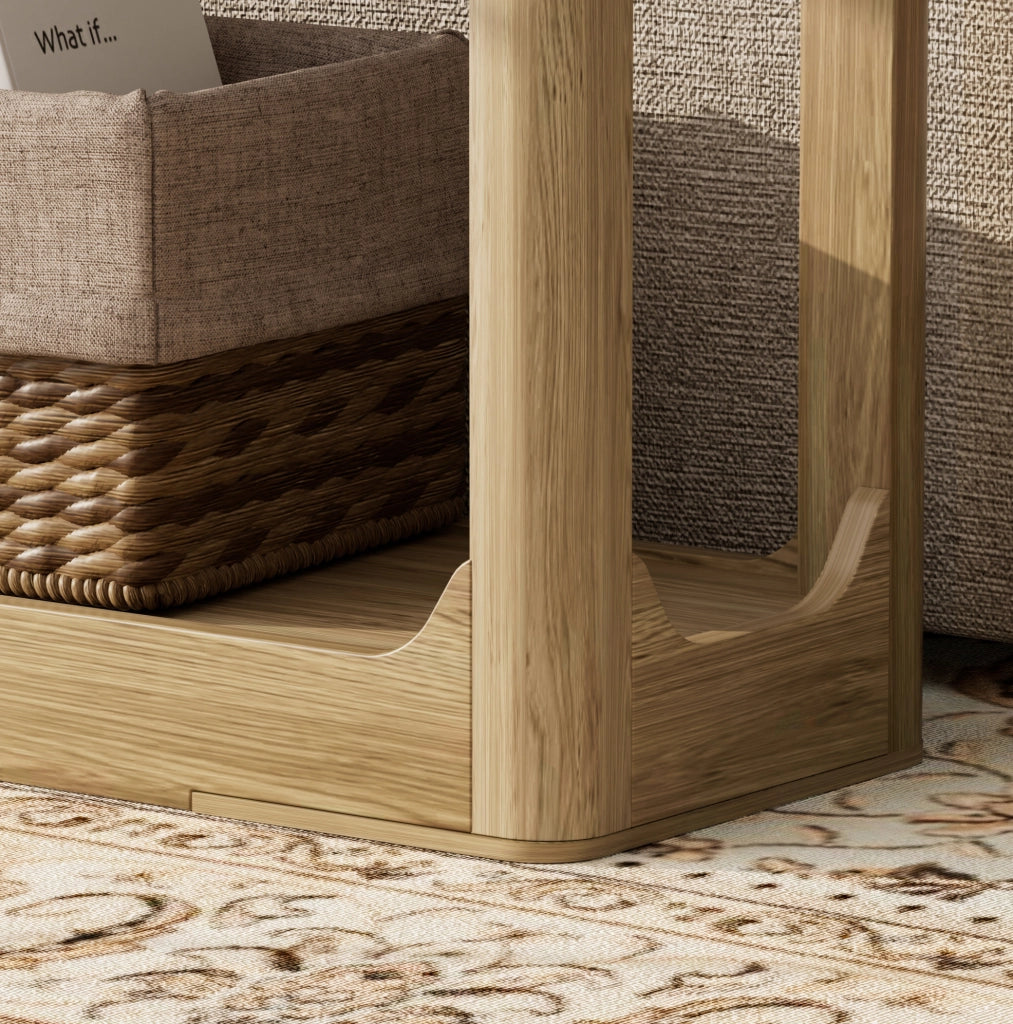Tavolo consolle stretto 140 cm con ripiani aperti in MDF color naturale