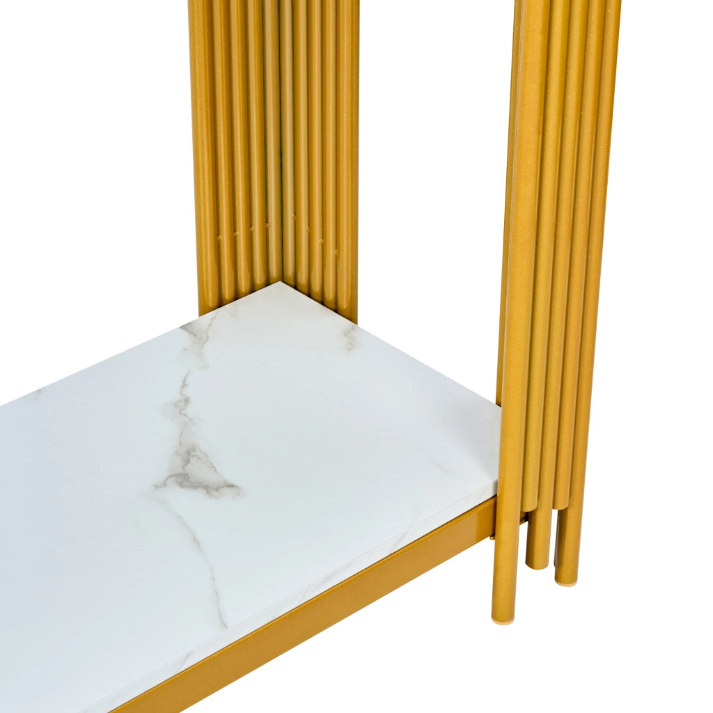 Consolle con 2 ripiani, effetto marmo, in MDF e metallo dorato, per ingresso e soggiorno, 123,5 × 33,5 × 80 cm