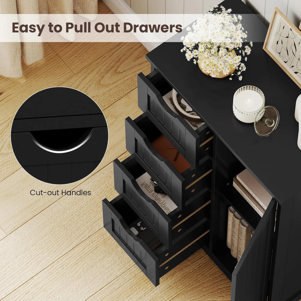 Armadietto portaoggetti da bagno con cassetti, organizer con 4 cassetti, ripiano regolabile, dispositivo anti-ribaltamento, console per ingresso, mobile da pavimento del bagno (nero)