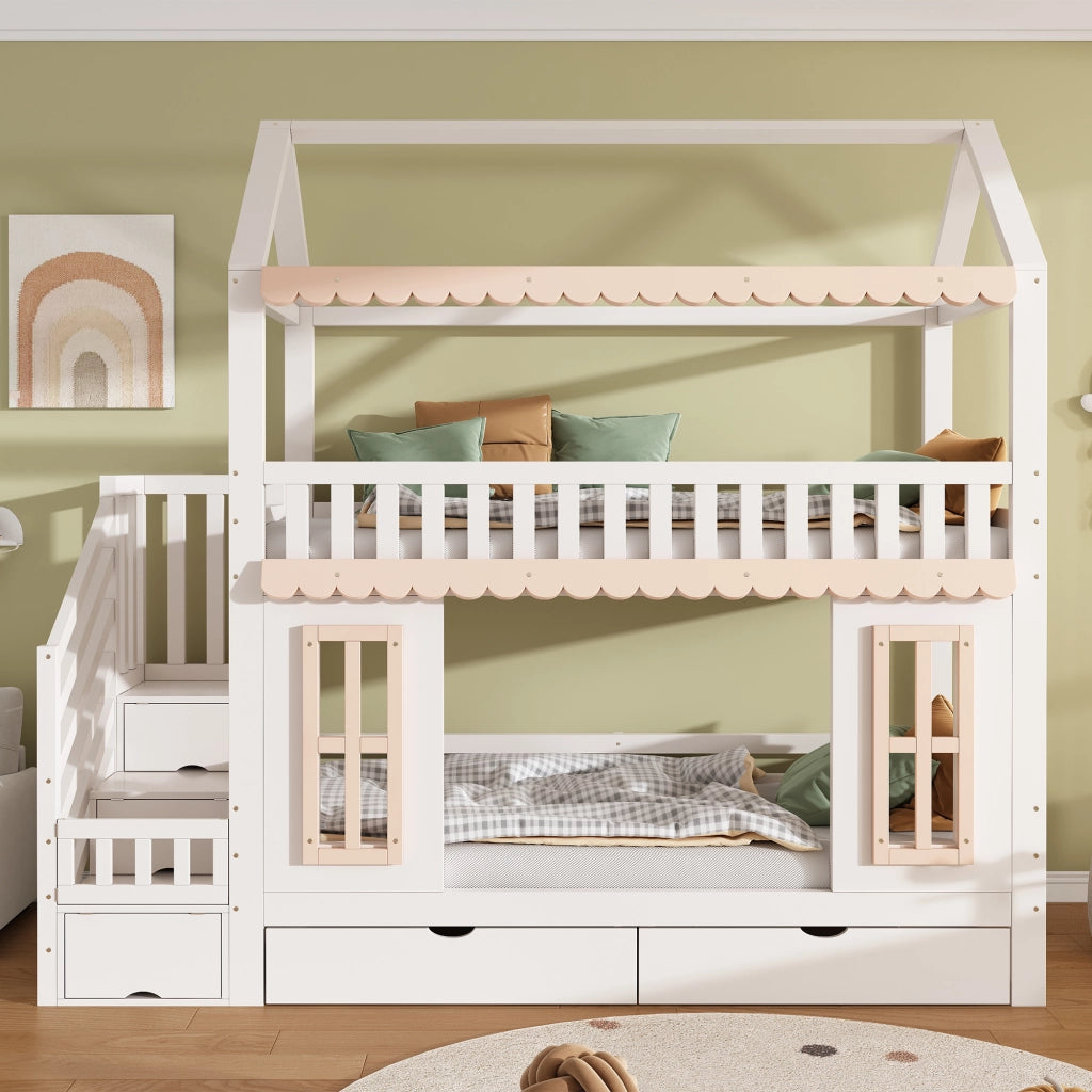 Letto a Castello 90 x 200 cm - Scala con Contenitore e 2 Cassetti - in Legno - Bianco e Naturale