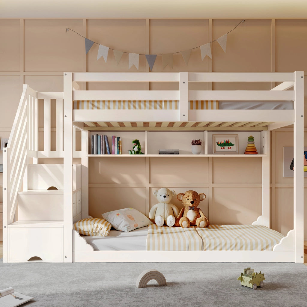 LETTO a castello 90x200 cm in legno bianco con armadio scala e contenitori