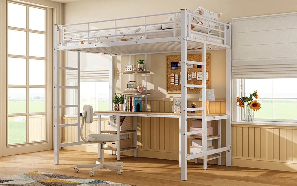 Letto a castello con tavolo e scaffali in ferro e MDF bianco 90x200 cm