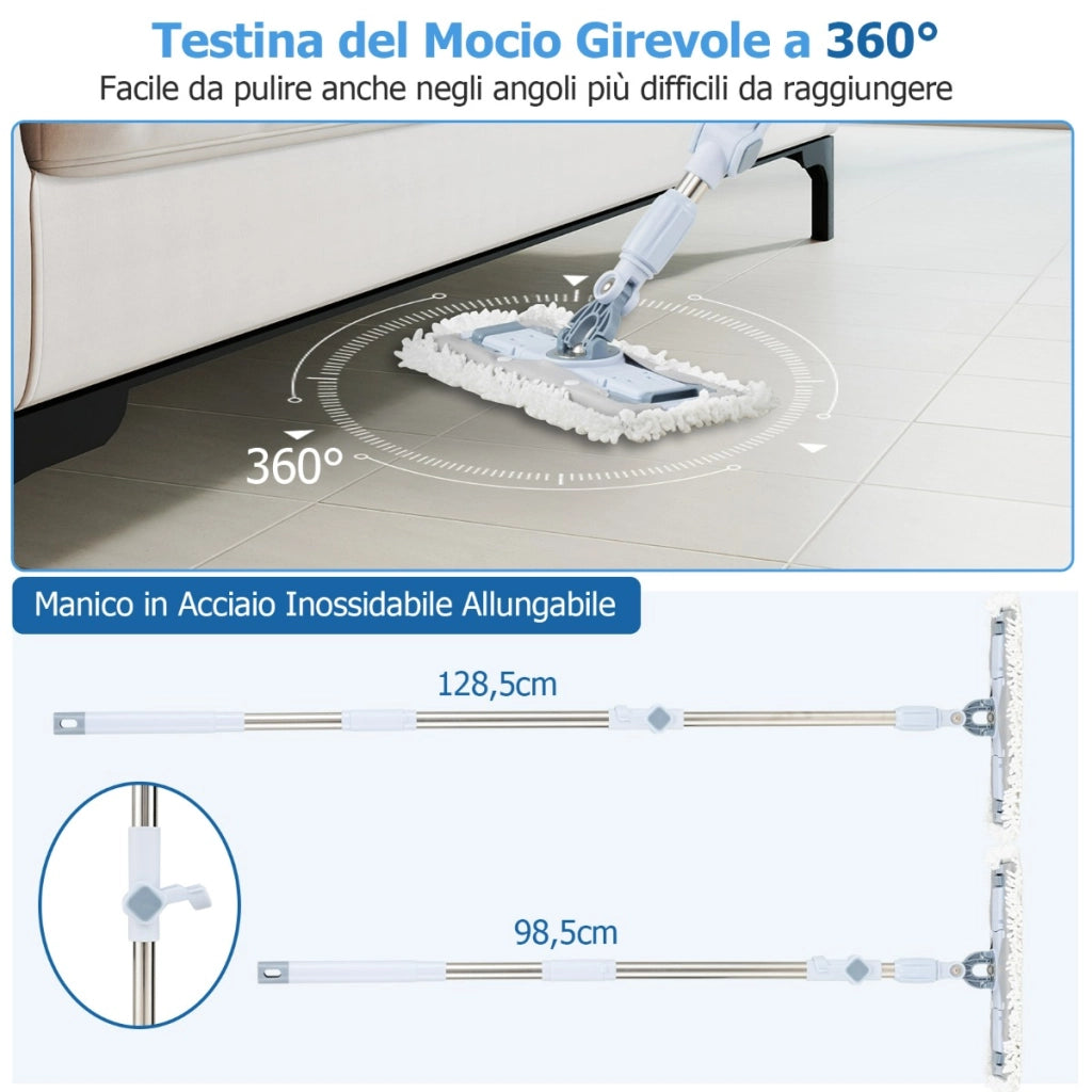 Set mocio e secchio con lavaggio senza mani e design a doppio serbatoio, Set mocio e secchio con potente assorbimento Blu