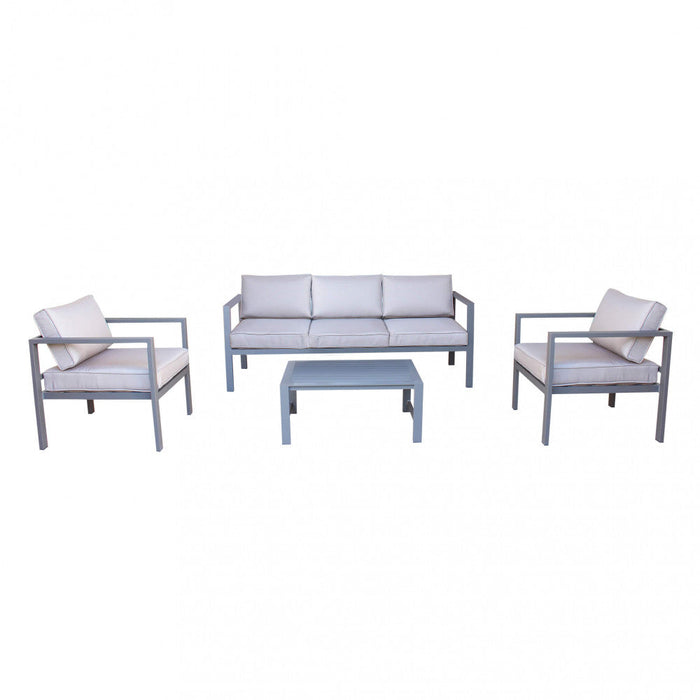 Set Salotto da Giardino Divano 2 Poltrone e Tavolino con Cuscini in Alluminio Taupe