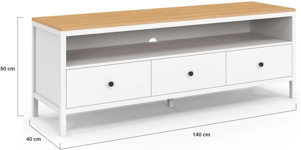 Porta TV ACHILLE 140 cm con 3 cassetti bianchi e piano in legno