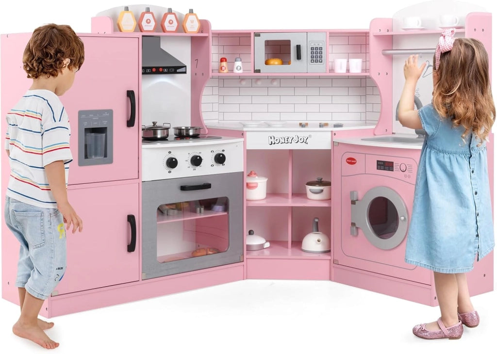 Set Gioco da Cucina per Bambini d'Angolo, Cucina Giocattolo in Legno con Macchina di Ghiaccio, Microonde, Lavatrice e Accessori, con Suoni e Luci, per Bambini 3-10 Anni (Rosa)