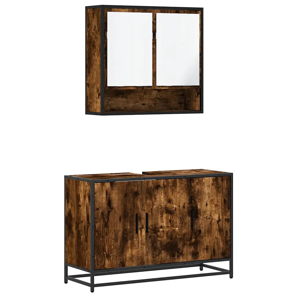 Set Mobili da Bagno | Armadio da bagno 2 pz Rovere Fumo in Legno Multistrato