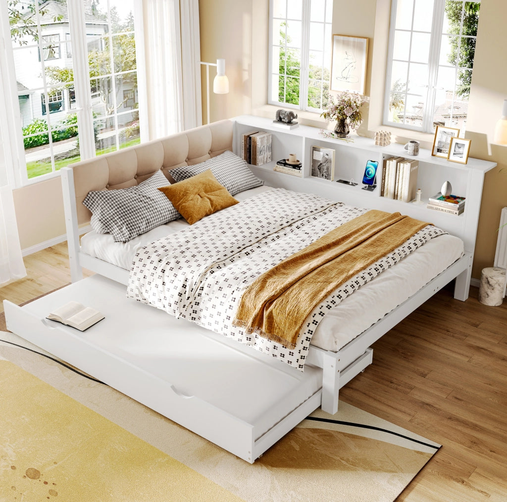 Letto estraibile 140x200 cm con LED; USB e ripiani in legno di pino e MDF bianco