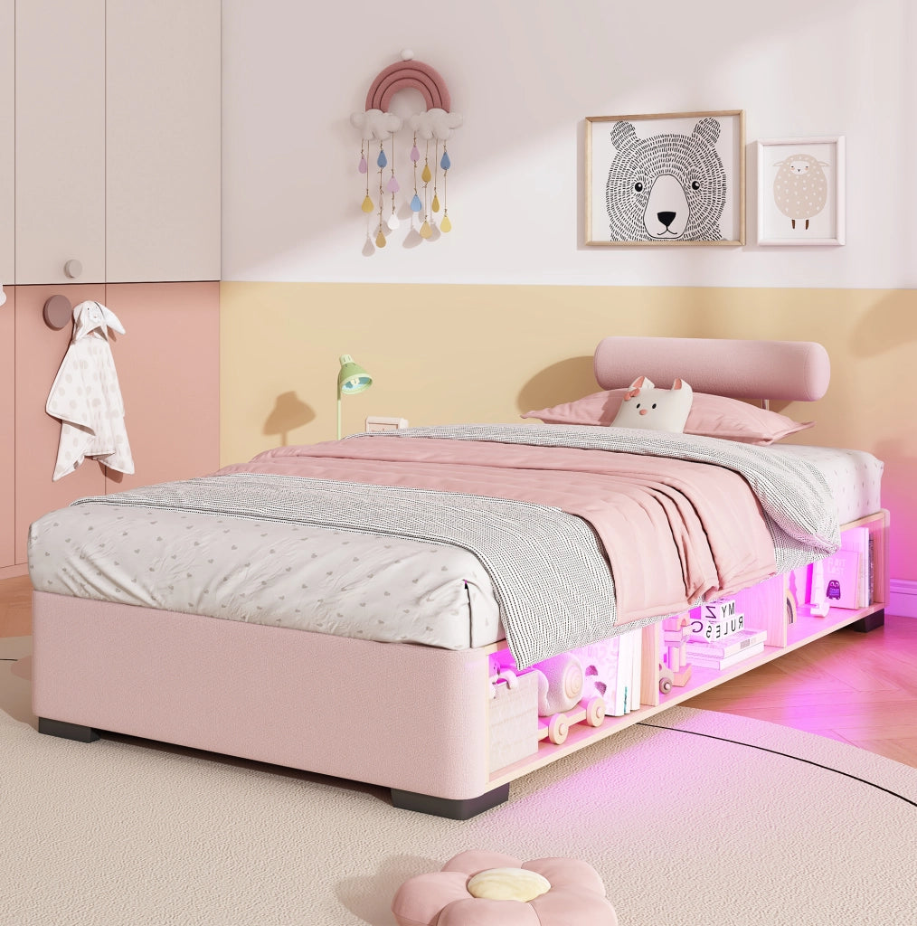 Letto imbottito per bambini rosa 90x200 cm con LED, ripiano laterale e testiere flessibili