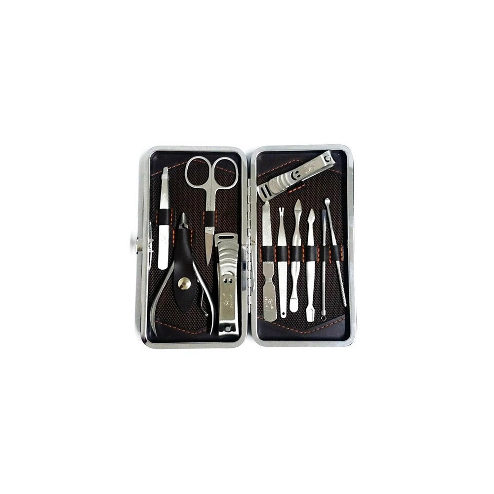 Trade Shop - Kit Professionale Manicure Pedicure Sopracciglia 11 Pezzi In Custodia Ecopelle -
