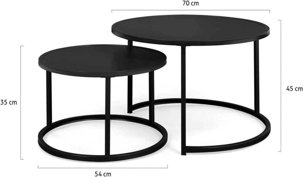 Set di 2 tavolini tondo 54/70 in metallo nero opaco, design industriale DAVIS