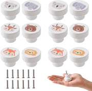 Set di 12 Maniglie in Legno con Disegni di Animali per Camere da Bambini, Maniglie a 35 mm con Viti