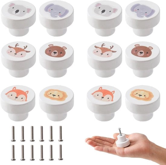 Set di 12 Maniglie in Legno con Disegni di Animali per Camere da Bambini, Maniglie a 35 mm con Viti