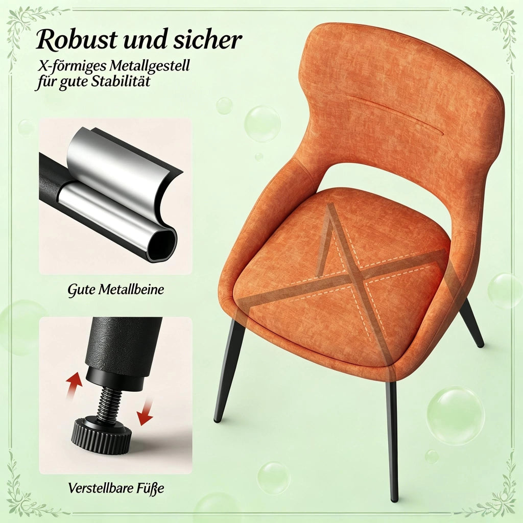 Sedia da Pranzo Set da 2 con Schienale Traspirante Ergonomico e Piedini Regolabili, in Ciniglia Arancione
