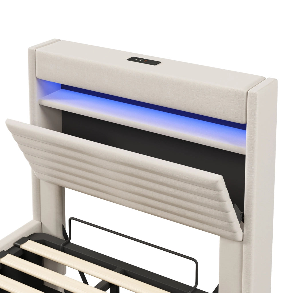 Letto imbottito 90x200 cm con contenitore; LED e ricarica USB Type-C in lino beige