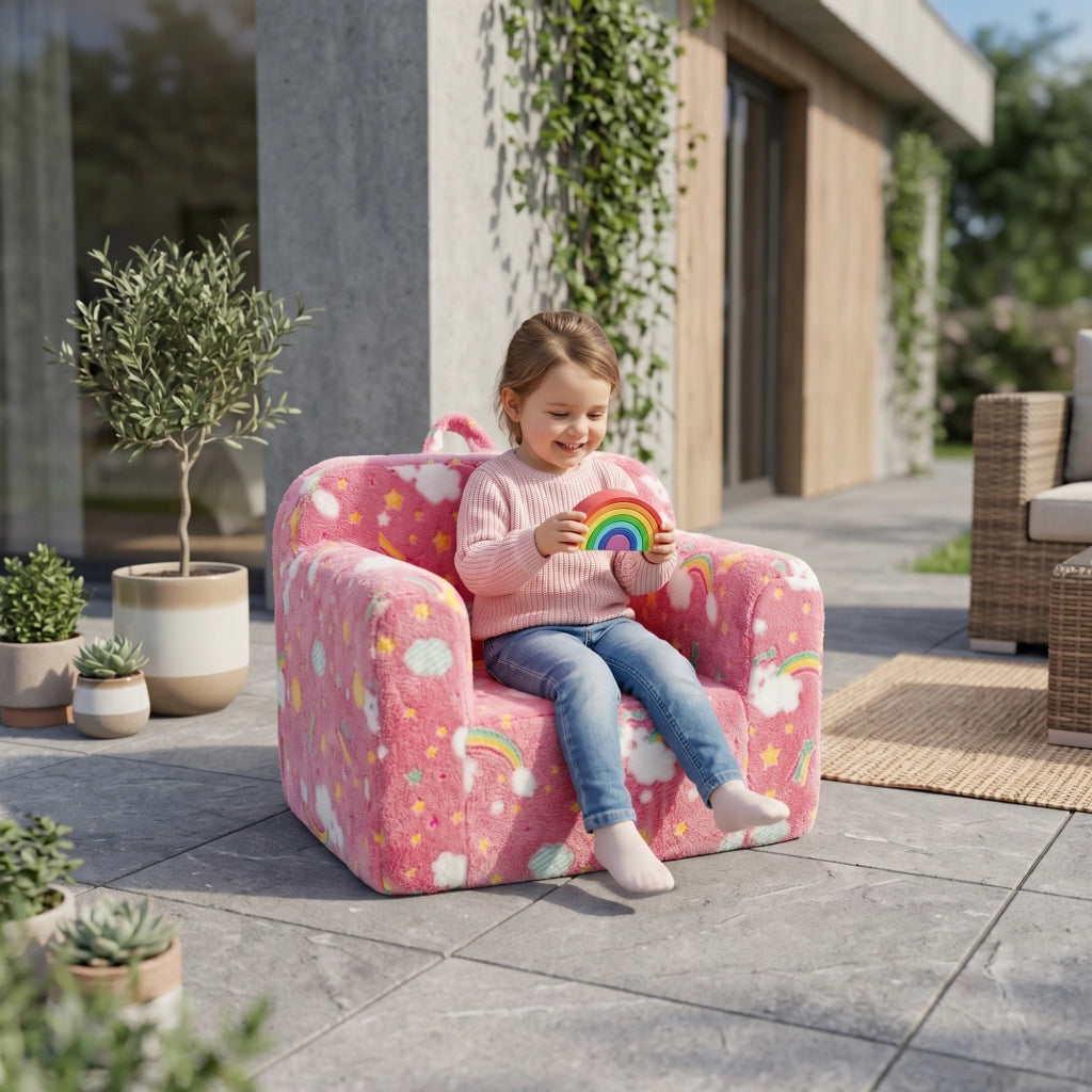 Poltrona per bambini in tessuto con braccioli, fodera sfoderabile e motivo luminoso, leggera, in schiuma rosa