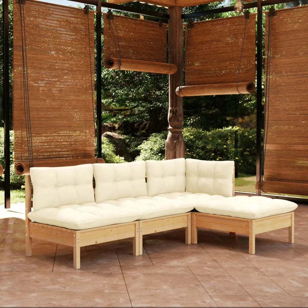 Set Salotto da Giardino 4 pz | Set di Mobili da Esterno con Cuscini Crema in Legno di Pino