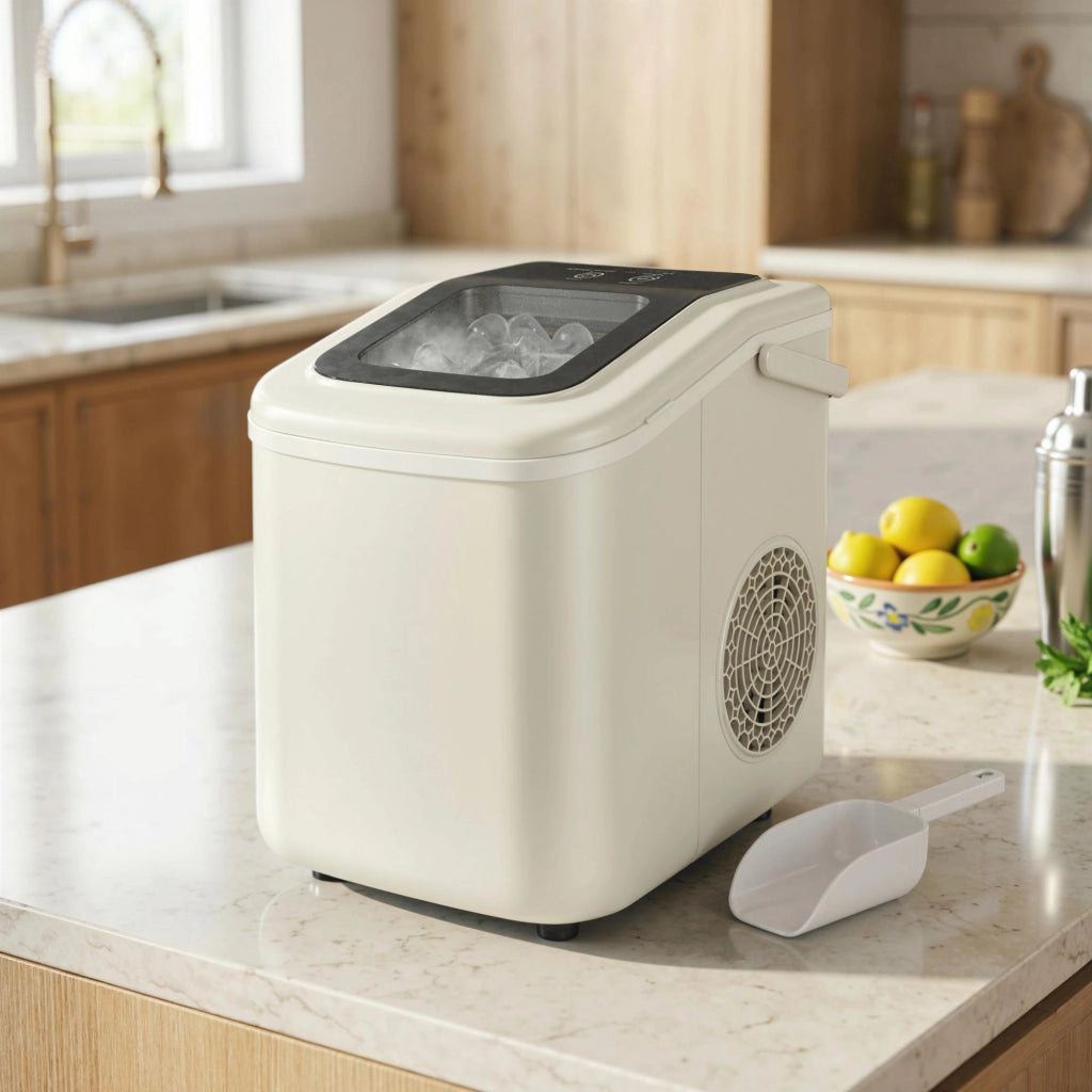 Macchina per Ghiaccio Portatile con Autopulizia, Paletta e Cestino ¨C Zephmum ¨C 12 kg/24h, Beige