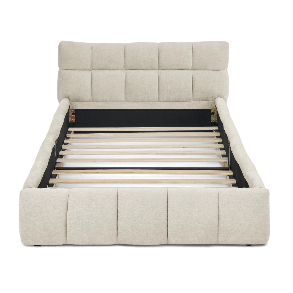 Letto singolo 90x200 cm in chenille beige con struttura in eucalipto e ferro