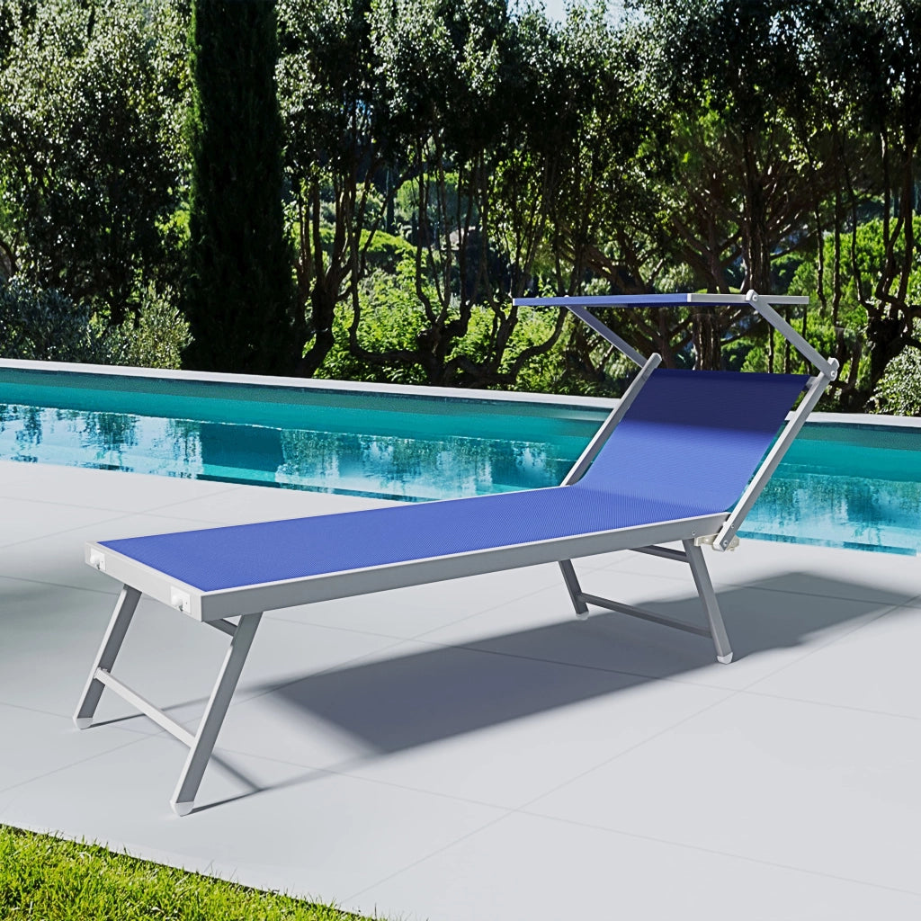 Lettino Sdraio Prendisole Professionale Richiudibile In Alluminio E Textilene con Tettino Parasole Orientabile Lettino Relax Mare Spiaggia Piscina Giardino Solarium 182 x 60 x 38 Cm Blu