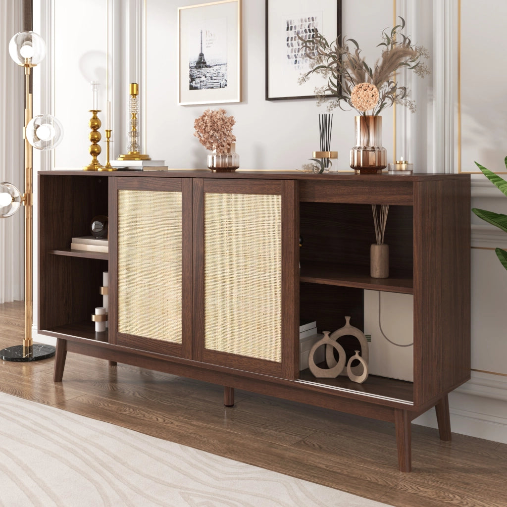 Credenza con ante scorrevoli in rattan - Zephmum- 155x38x80 cm, stabile e versatile