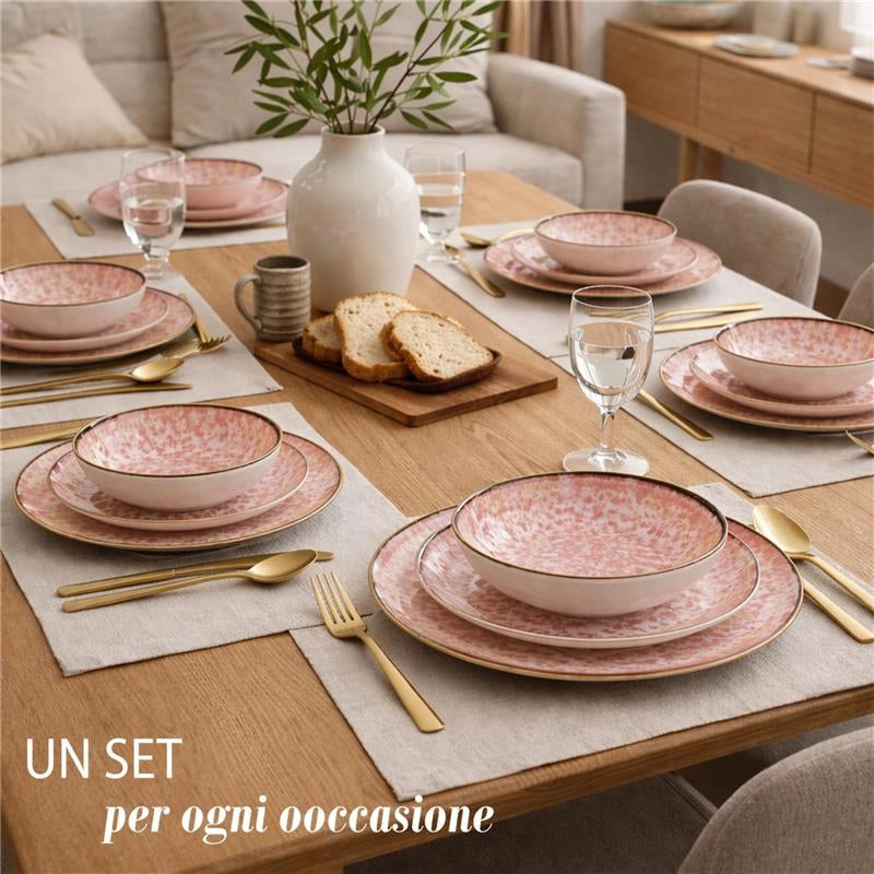 MA MAISON SERVIZIO PIATTI 18 PEZZI STILE ASTRATTO ROSA 6 FONDI - 6 PANI - 6 DA DESSERT PER LAVASTOVIGLIE E MICROONDE 6 PERSONE