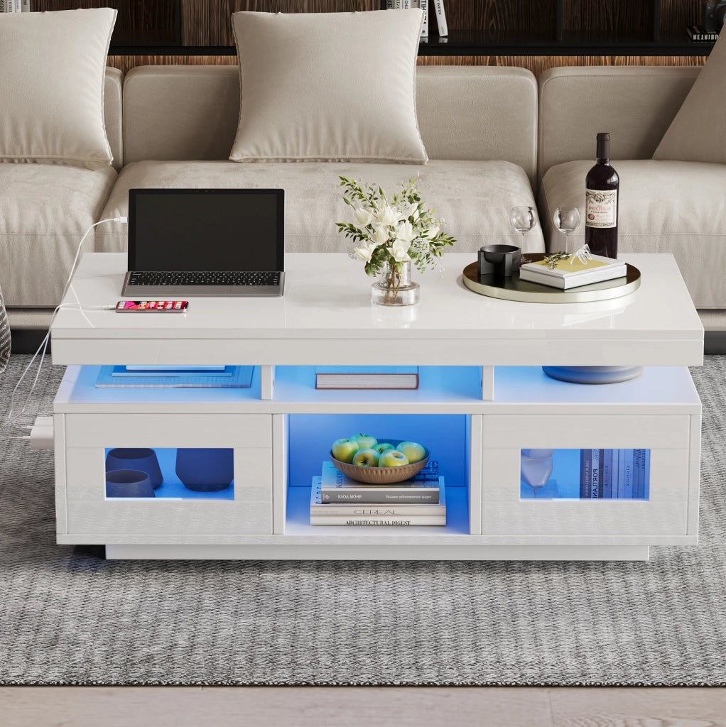 Tavolino da caff猫 100x50x43 cm; luci LED da app e prese USB; 2 armadi e 2 vani; truciolare bianco